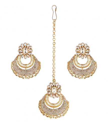 Women's Rose Gold Plated Alloy Kundan Earrings &amp; Mangtikka (White)
