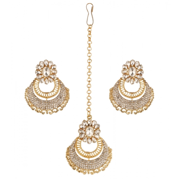 Dropship Women's Rose Gold Plated Alloy Kundan Earrings &amp; Mangtikka (White)