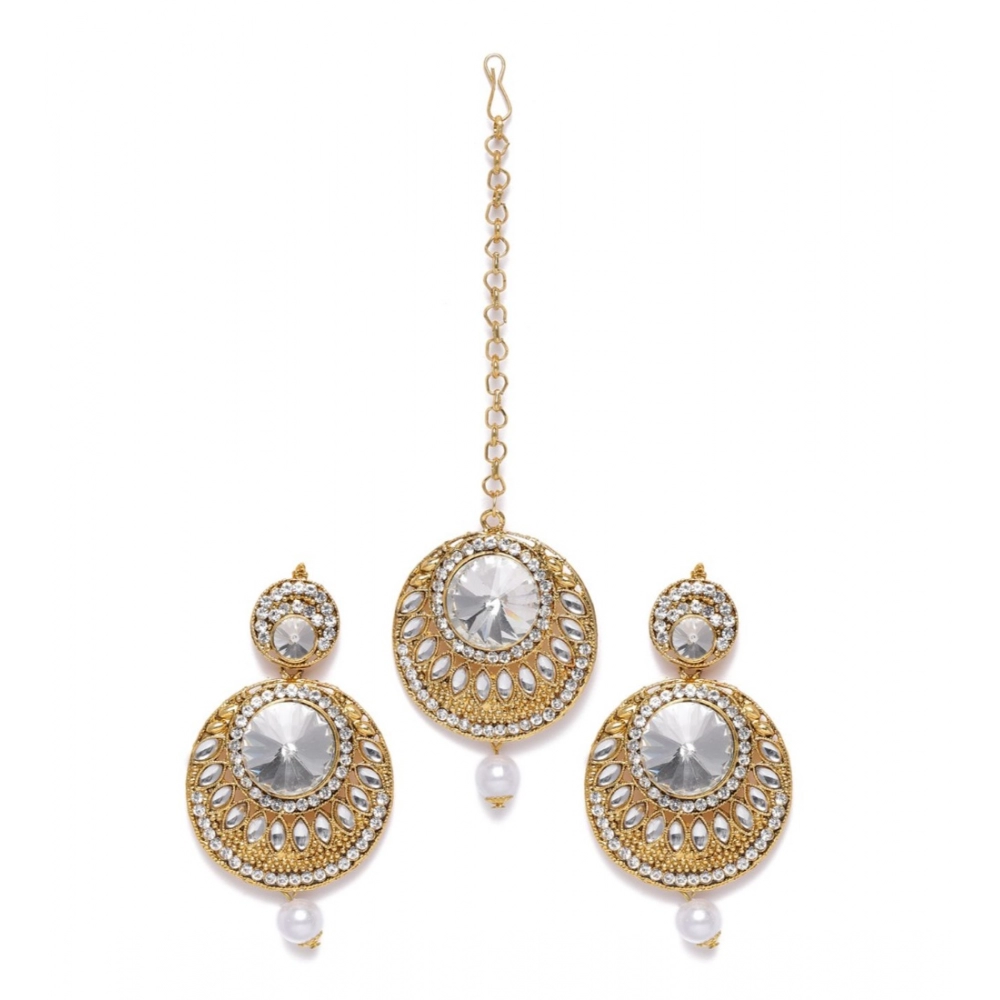 Generic Women's Rose Gold Plated Alloy Kundan Earrings & Mangtikka (White)