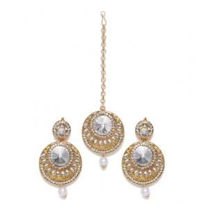 Generic Women's Rose Gold Plated Alloy Kundan Earrings & Mangtikka (White)