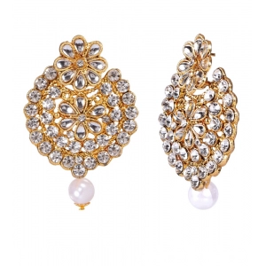 Generic Women's Rose Gold Plated Alloy Kundan Earrings & Mangtikka (White)