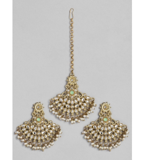 Women's Rose Gold Plated Alloy Kundan Earrings & Mangtikka (White)