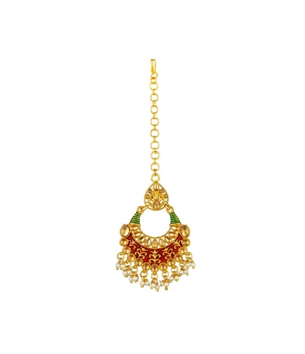 Women's Rose Gold Plated Alloy Kundan Earrings &amp; Mangtikka (Red &amp; Green)