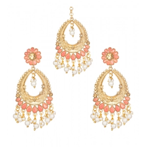 Generic Women's Rose Gold Plated Alloy Kundan Earrings & Mangtikka (Pink)