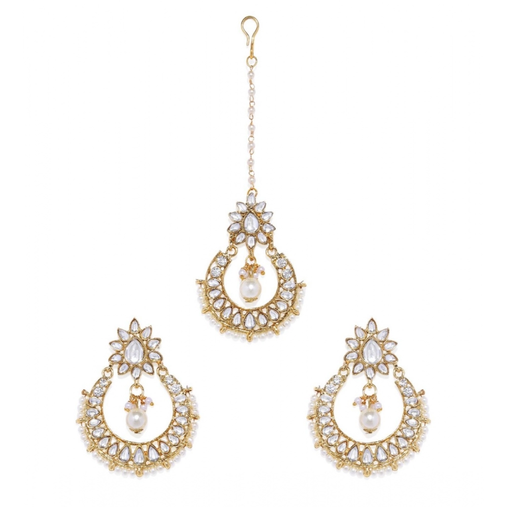Generic Women's Rose Gold Plated Alloy Kundan Earrings & Mangtikka (White)