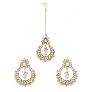 Generic Women's Rose Gold Plated Alloy Kundan Earrings & Mangtikka (White)