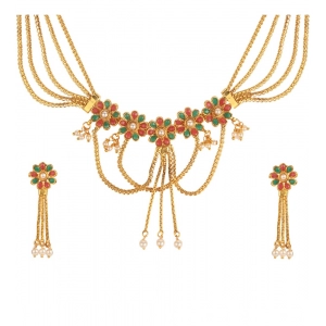 Generic Women's Rose Gold Plated Alloy Necklace Set (Green & Red)