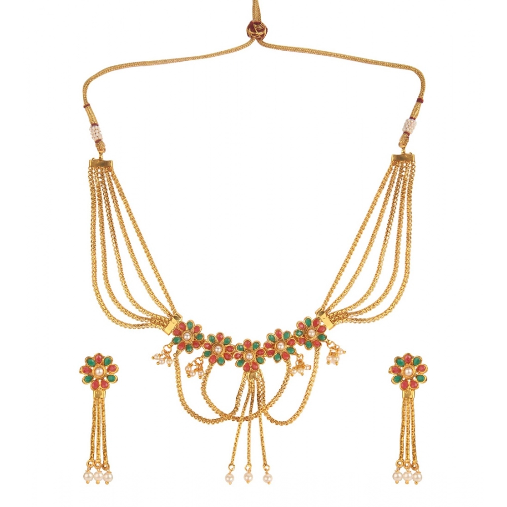 Generic Women's Rose Gold Plated Alloy Necklace Set (Green & Red)