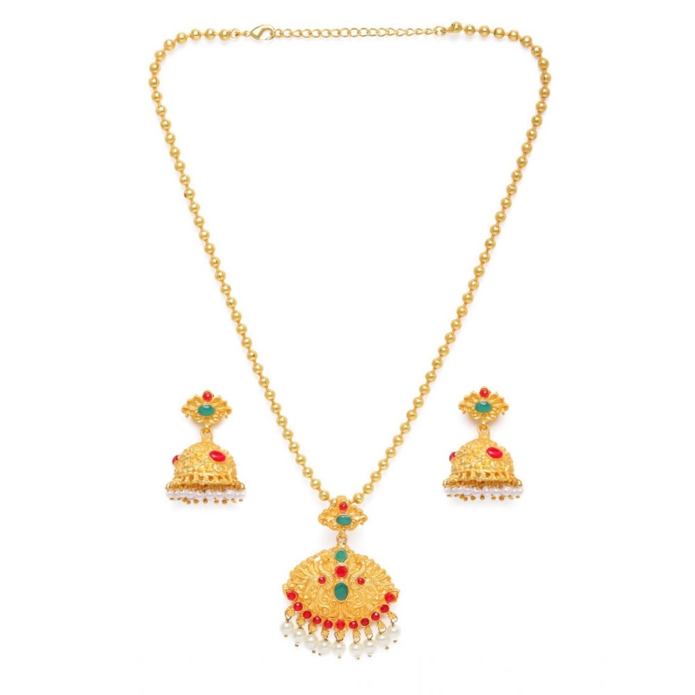 Generic Women's Rose Gold Plated Alloy Jewellery Chain Pendant Sets (Gold & Red)