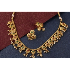 Generic Women's Rose Gold Plated Alloy Necklace & Earings Set (Green & Red)