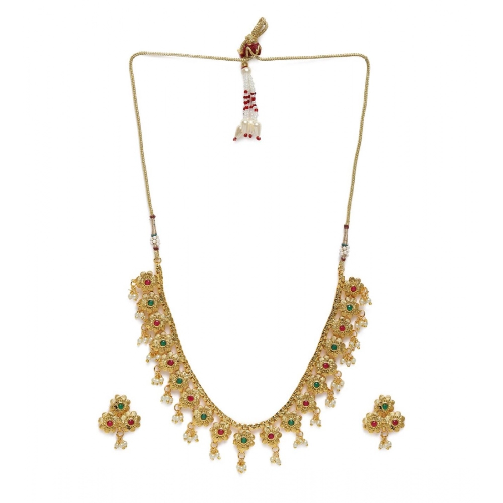 Generic Women's Rose Gold Plated Alloy Necklace & Earings Set (Green & Red)