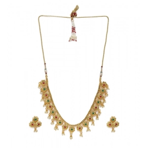 Generic Women's Rose Gold Plated Alloy Necklace & Earings Set (Green & Red)