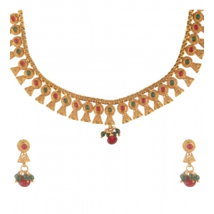 Generic Women's Rose Gold Plated Alloy Necklace & Earings Set (Green & Red)