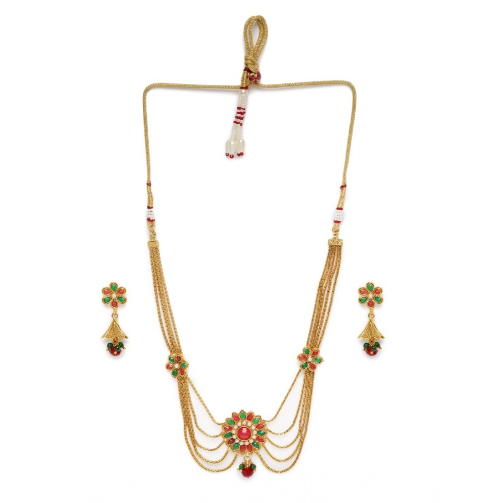 Generic Women's Rose Gold Plated Alloy Necklace & Earings Set (Green & Red)