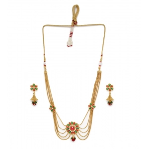 Generic Women's Rose Gold Plated Alloy Necklace & Earings Set (Green & Red)