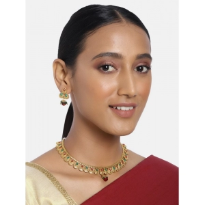 Generic Women's Rose Gold Plated Alloy Necklace & Earings Set (Green & Red)
