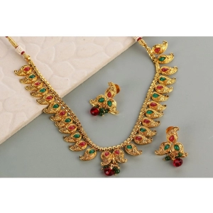 Generic Women's Rose Gold Plated Alloy Necklace & Earings Set (Green & Red)