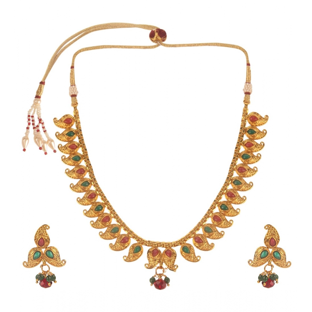 Generic Women's Rose Gold Plated Alloy Necklace & Earings Set (Green & Red)