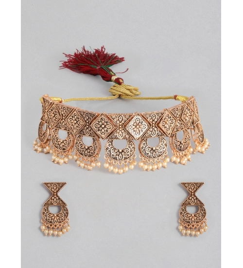 Women's Rose Gold Plated Alloy Necklace & Earings Set (Gold)