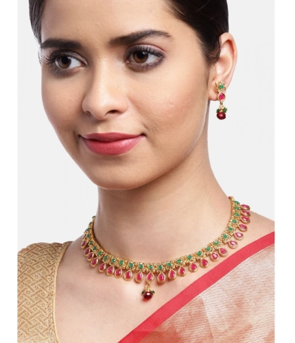 Women's Rose Gold Plated Alloy Necklace &amp; Earings Set (Green &amp; Red)