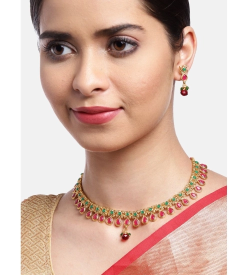 Women's Rose Gold Plated Alloy Necklace & Earings Set (Green & Red)