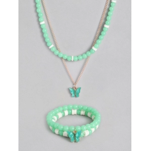 Generic Women's Rose Gold Plated Brass Pendant Chain With Beaded Bracelet (Light Green)