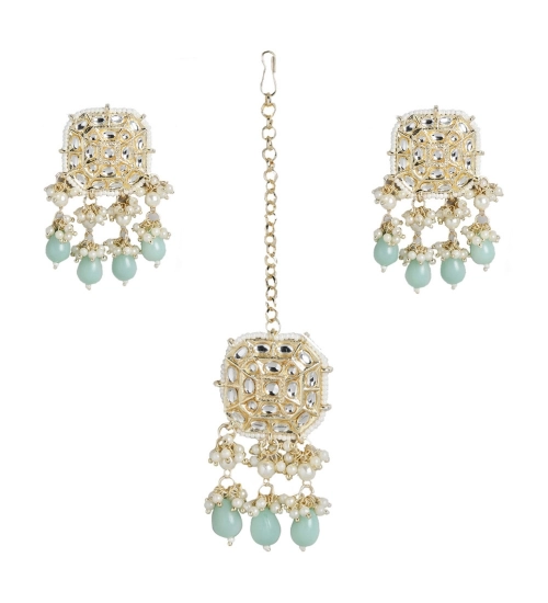 Women's Rose Gold Plated Alloy Kundan Earrings & Mangtikka (White)