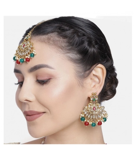 Women's Rose Gold Plated Alloy Kundan Earrings &amp; Mangtikka (Red &amp; Green)