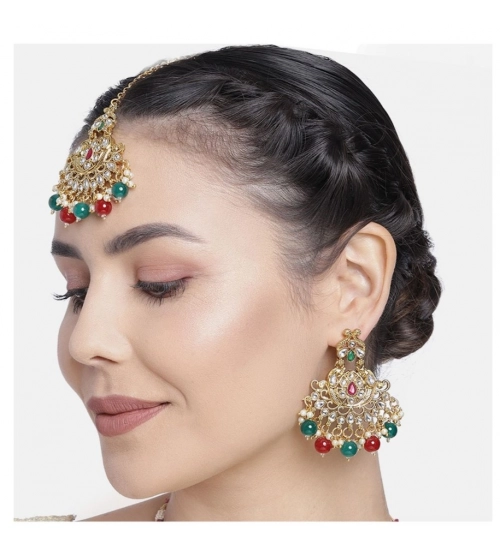 Women's Rose Gold Plated Alloy Kundan Earrings & Mangtikka (Red & Green) Women's Rose Gold Plated Alloy Kundan Earrings & Mangtikka (Red & Green)