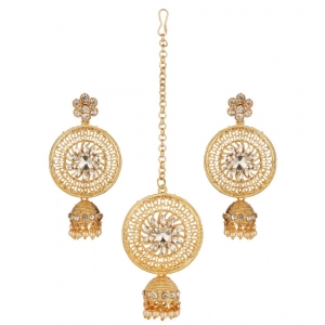 Generic Women's Rose Gold Plated Alloy Kundan Earrings & Mangtikka (White)