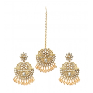 Generic Women's Rose Gold Plated Alloy Kundan Earrings & Mangtikka (White)