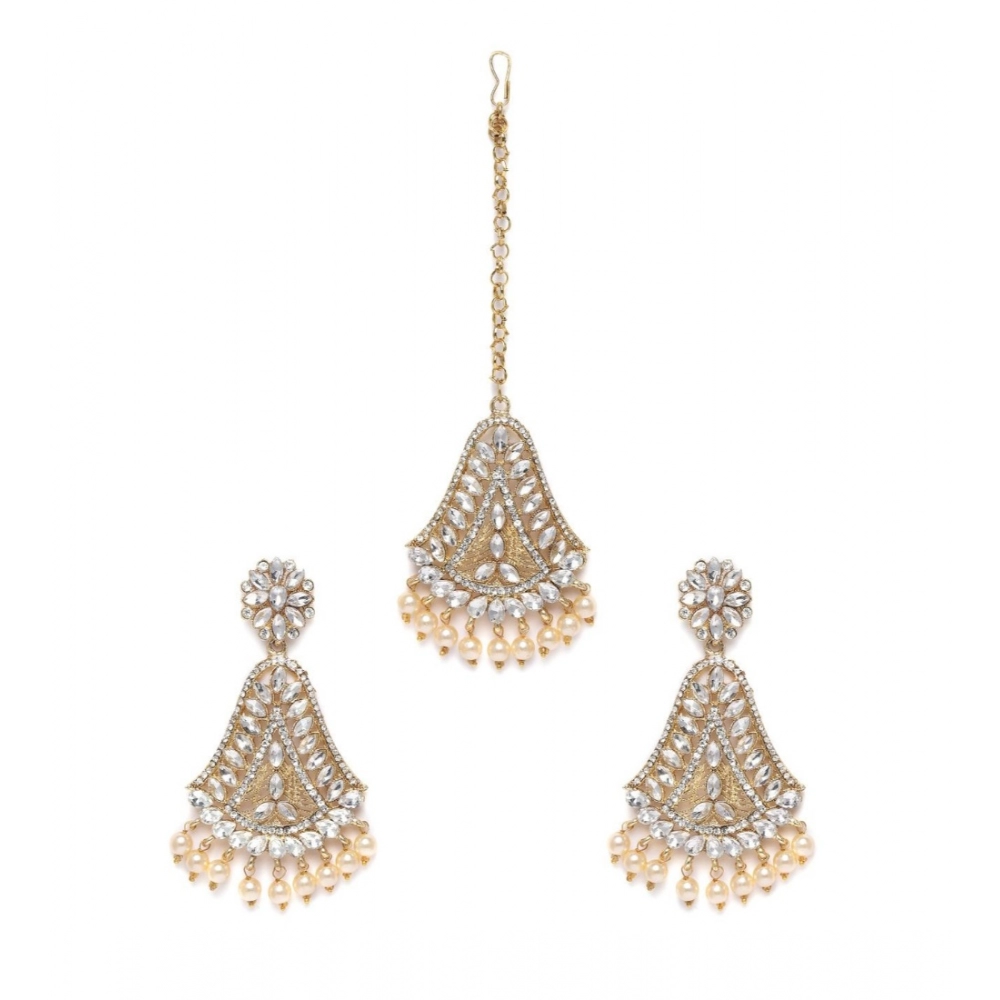 Generic Women's Rose Gold Plated Alloy Kundan Earrings & Mangtikka (White)