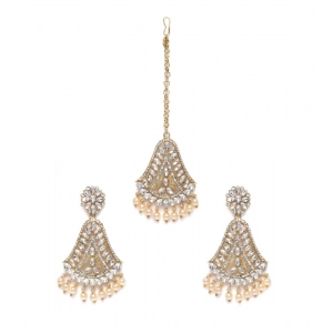 Generic Women's Rose Gold Plated Alloy Kundan Earrings & Mangtikka (White)