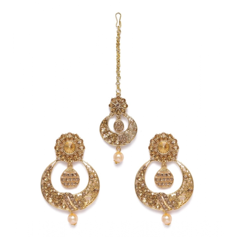 Generic Women's Rose Gold Plated Alloy Kundan Earrings & Mangtikka (Gold)