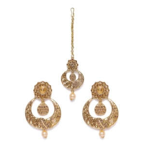 Generic Women's Rose Gold Plated Alloy Kundan Earrings & Mangtikka (Gold)