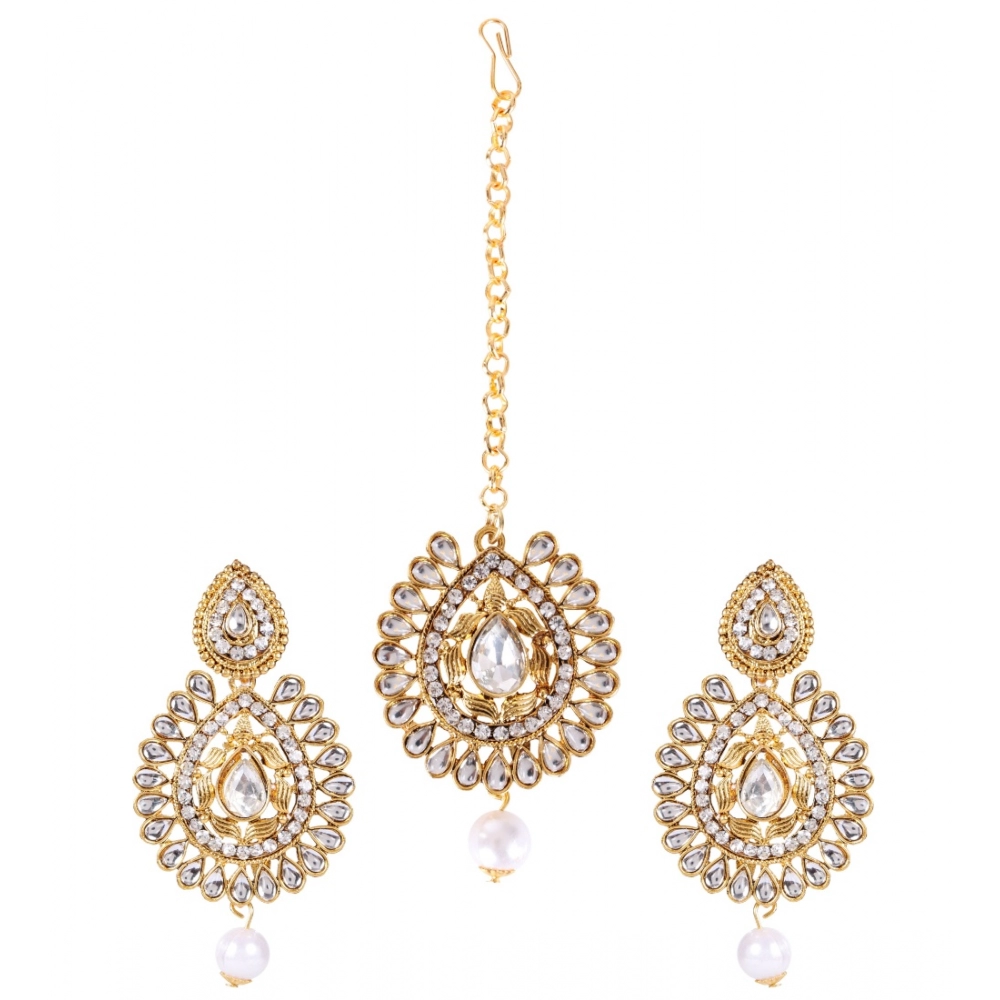 Generic Women's Rose Gold Plated Alloy Kundan Earrings & Mangtikka (White)