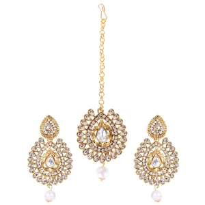 Generic Women's Rose Gold Plated Alloy Kundan Earrings & Mangtikka (White)