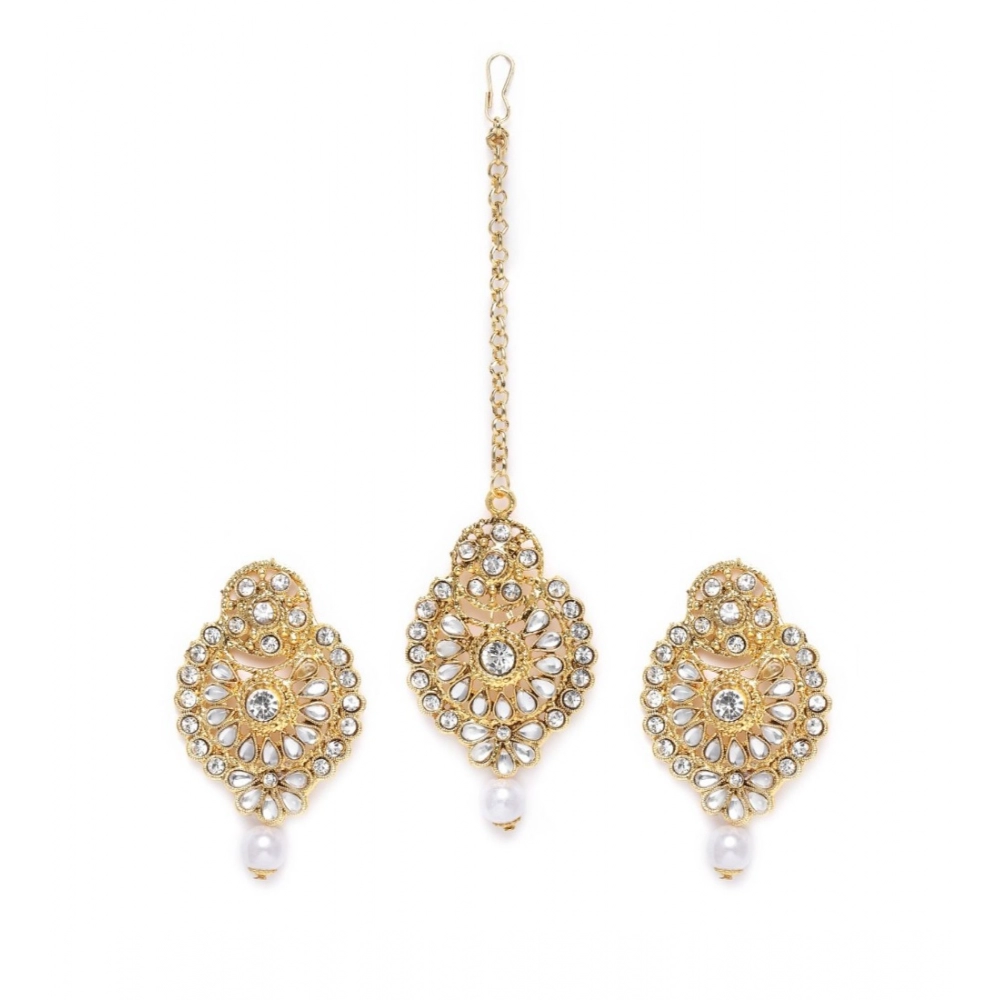 Generic Women's Rose Gold Plated Alloy Kundan Earrings & Mangtikka (White)