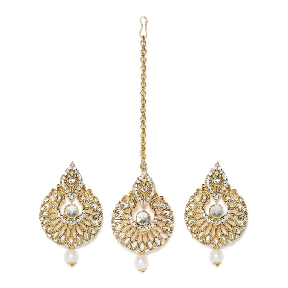 Generic Women's Rose Gold Plated Alloy Kundan Earrings & Mangtikka (White)