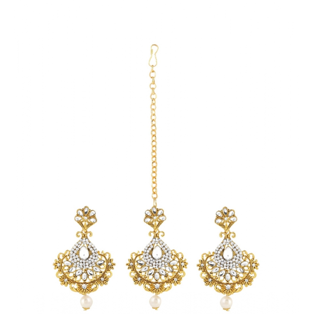 Generic Women's Rose Gold Plated Alloy Kundan Earrings & Mangtikka (White)
