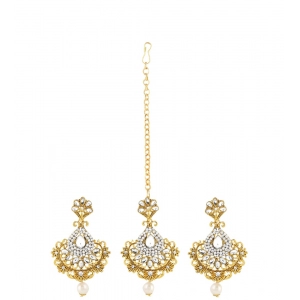 Generic Women's Rose Gold Plated Alloy Kundan Earrings & Mangtikka (White)