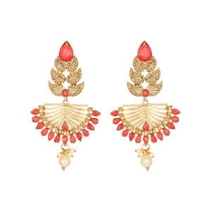 Generic Women's Rose Gold Plated Alloy Kundan Earrings & Mangtikka (Gold & Red)