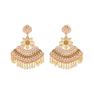 Generic Women's Rose Gold Plated Alloy Kundan Earrings & Mangtikka (Pink)