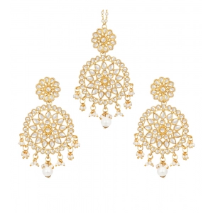 Generic Women's Rose Gold Plated Alloy Kundan Earrings & Mangtikka (White)