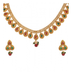 Generic Women's Rose Gold Plated Alloy Choker Necklace Set (Green & Red)