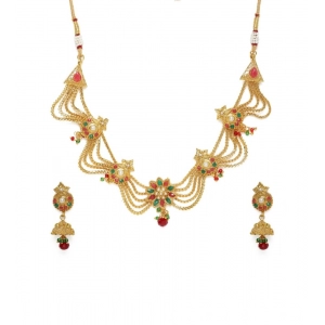 Generic Women's Rose Gold Plated Alloy Necklace Set (Green & Red)