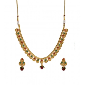 Generic Women's Rose Gold Plated Alloy Necklace & Earings Set (Green & Red)