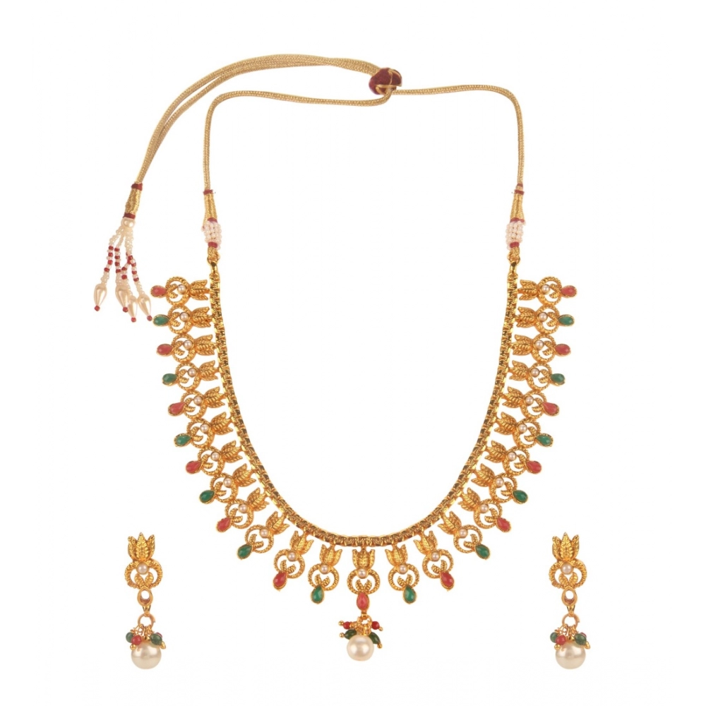 Generic Women's Rose Gold Plated Alloy Necklace & Earings Set (Green & Red)