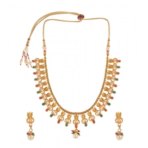 Generic Women's Rose Gold Plated Alloy Necklace & Earings Set (Green & Red)