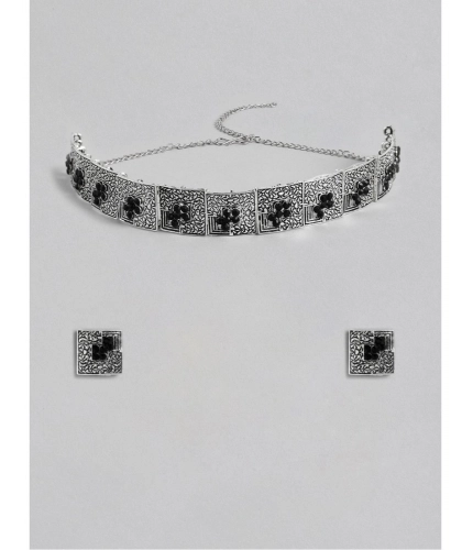 Women's Rose Gold Plated Alloy Necklace &amp; Earings Set (Silver &amp; Black)